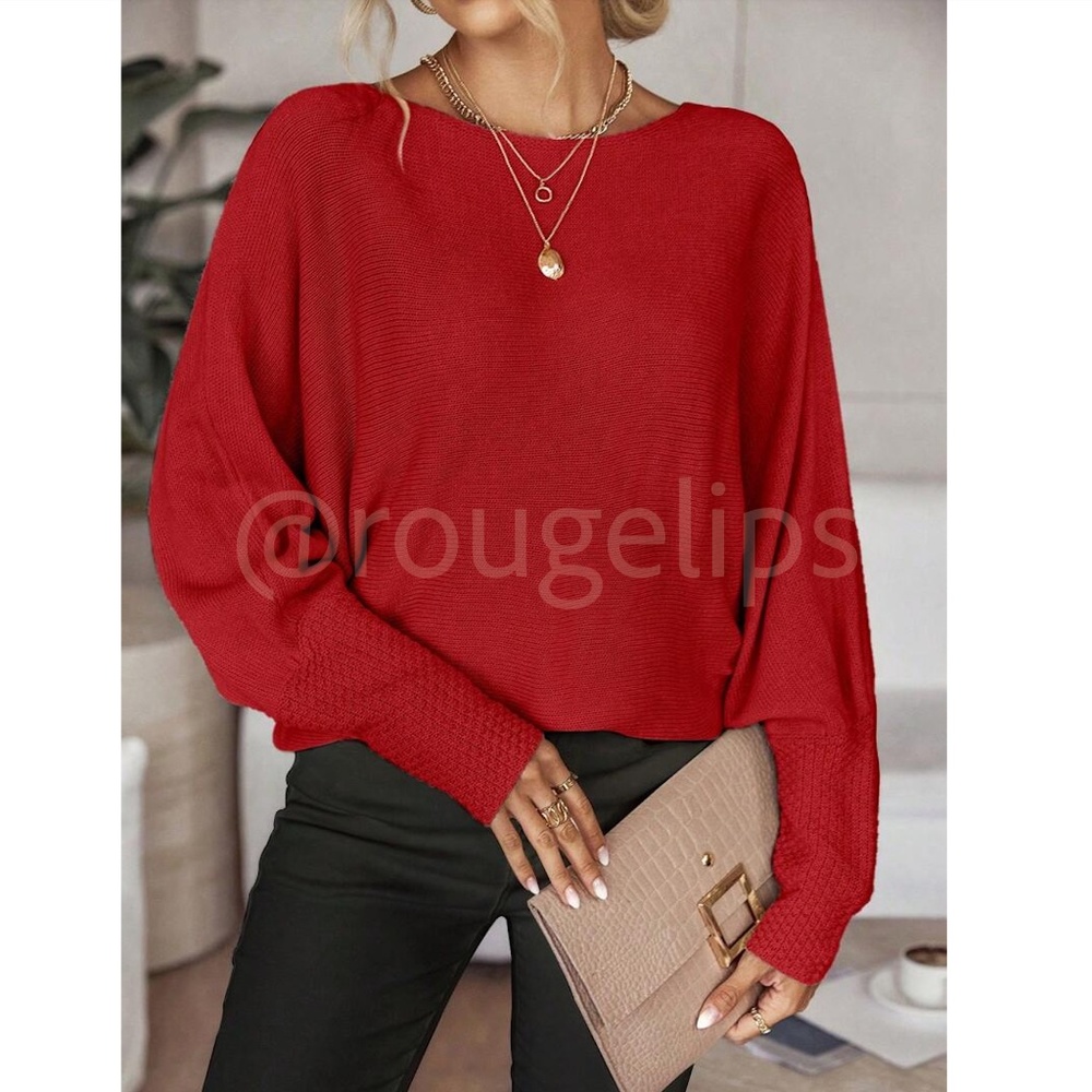 Red Boat Neck Light Knit Sweater Batwing Sleeve Loose Fit, Stretchy - Picture 5 of 8